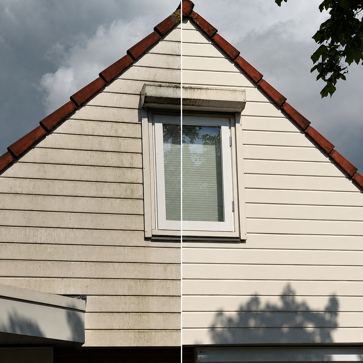 Voor en na reiniging van houten gevelbekleding en schilderwerk van een woning